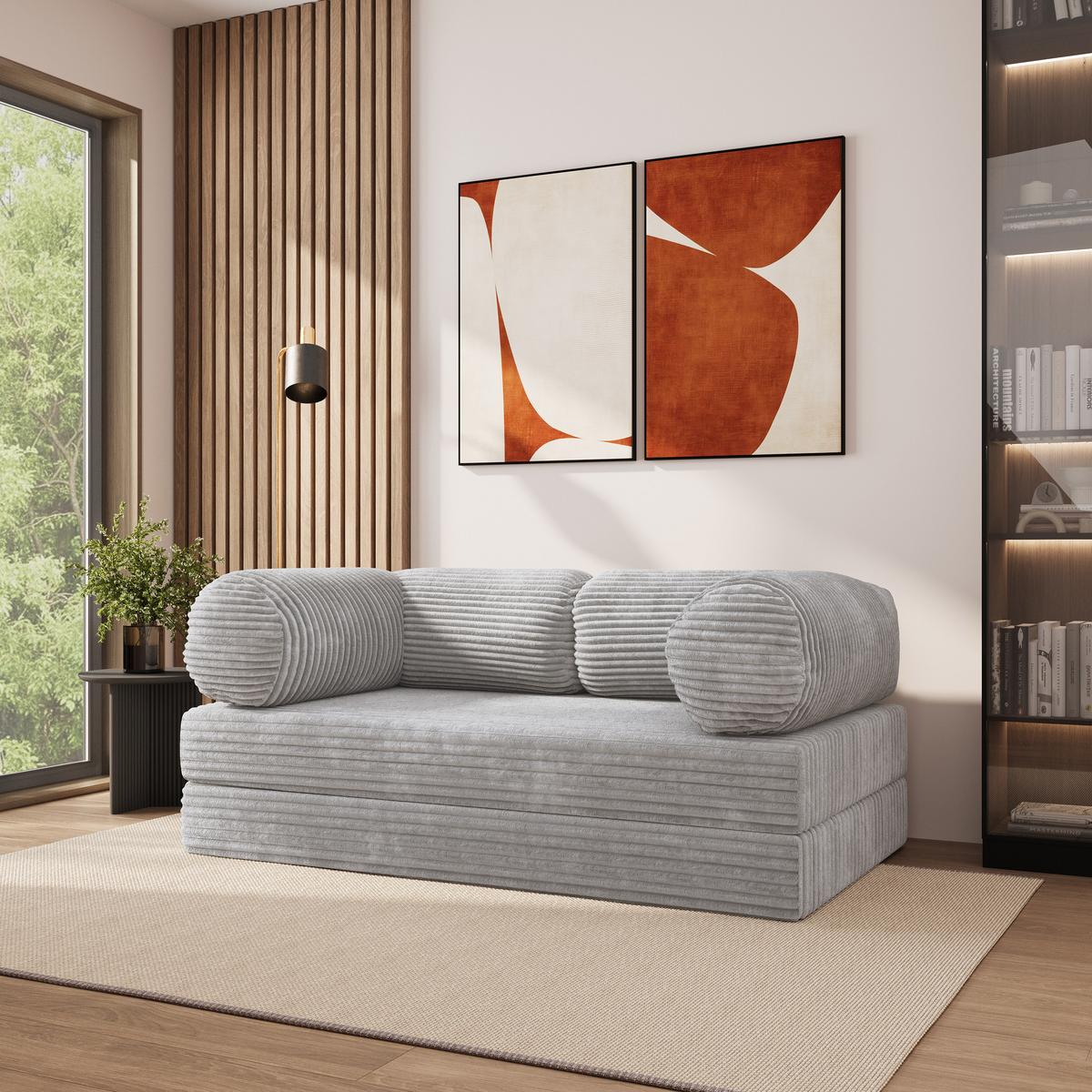 BETTSOFA ALVIO aus Schaumstoff Kordstoff Hellgrau Schlaffunktion - Grau, Textil (170/68/80cm) - MASSENO
