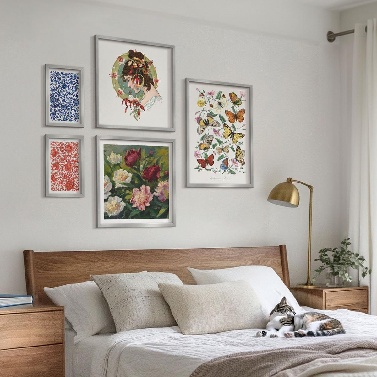 BILDER SET 5er Set - 50x50 cm & 20x30 cm & 40x60 cm Silberner Rahmen - Vintage-Blumen-Schmetterlings-Ornamente - Silberfarben, Kunststoff (40/60cm) - TULUP