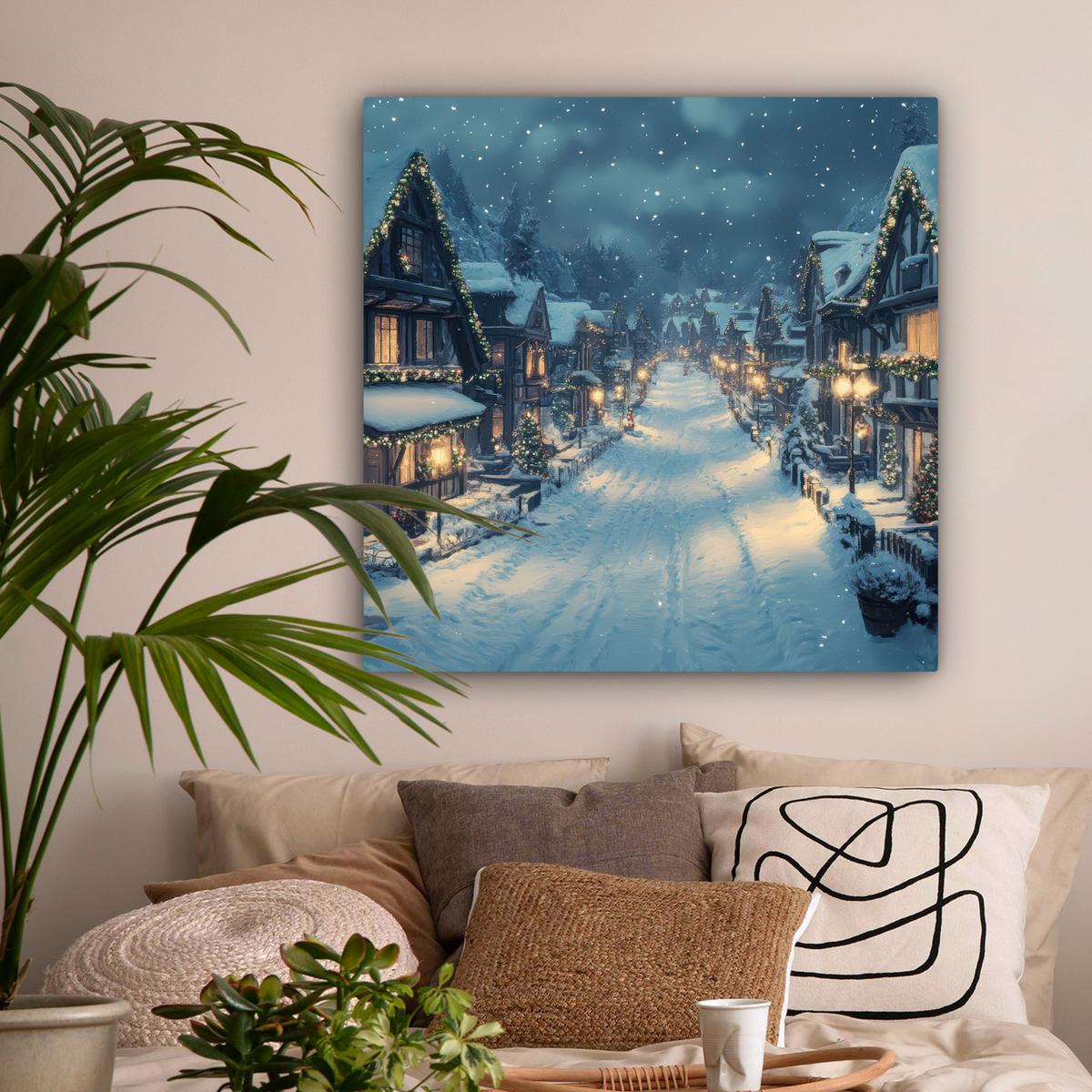 LEINWANDBILD Weihnachtsdorf - Weihnachten - Schnee - Winter Deko Groß 90x90 cm - Dunkelblau, Textil (90/90cm) - MuchoWow
