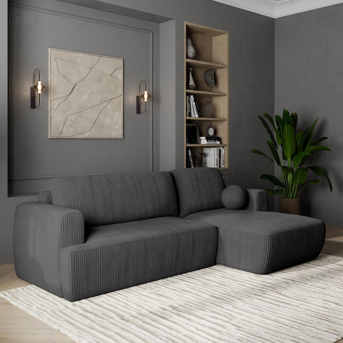 ECKSOFA SENTI P R-S Graphitfarben Kordstoff mit Schlaffunktion - Graphitfarben/Schwarz, Holz/Kunststoff (246/148cm) - MASSENO