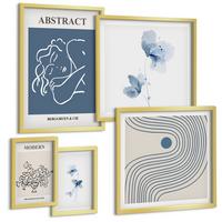 BILDER SET 5er Set - 50x50 cm & 20x30 cm & 40x60 cm Goldrahmen - abstrakte Poster mit Blumenlinien - Goldfarben, Kunststoff (40/60cm) - TULUP