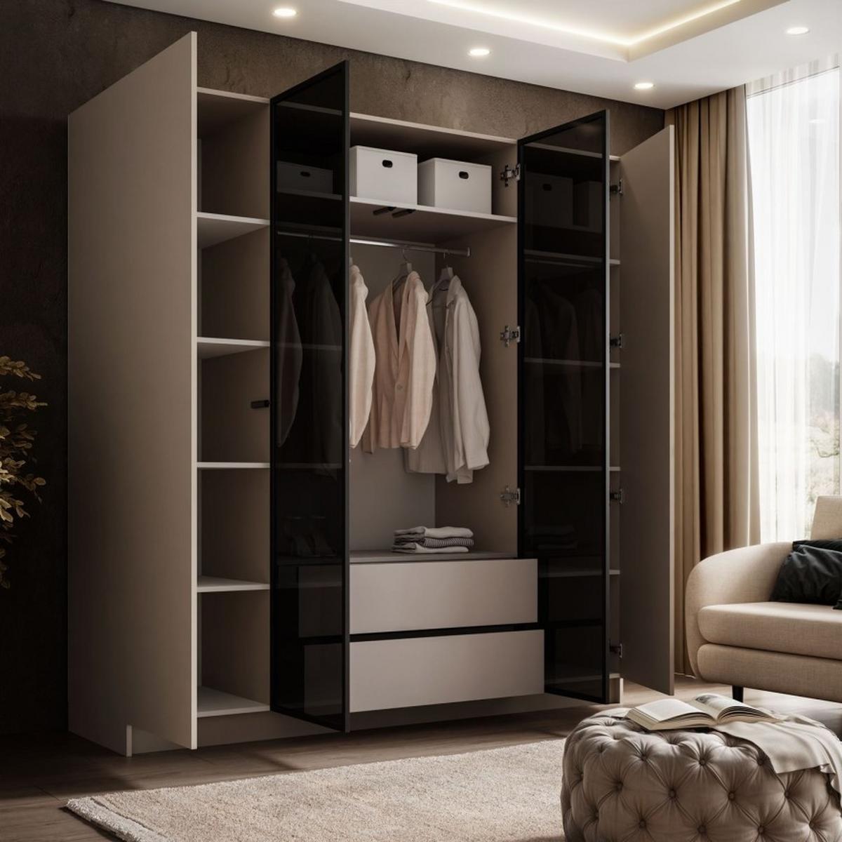 VIERTÜRIGER Schrank ATRIUM mit Glasfront - Kaschmir, Holzwerkstoff (200/210/57cm) - Lookway