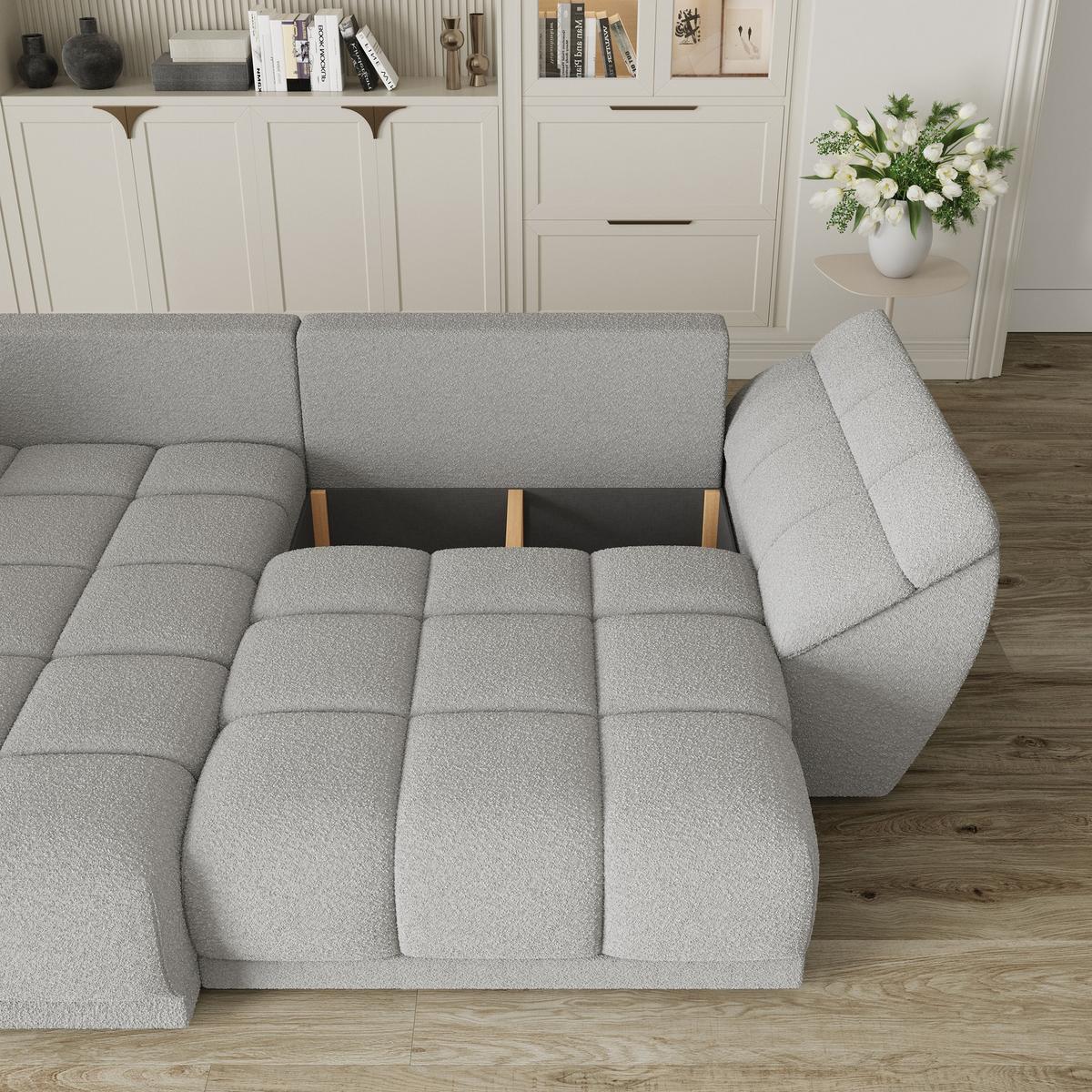 ECKSOFA ORENTI L-S Hellgrau Boucle-Stoff mit Schlaffunktion - Hellgrau, Holz (287/182cm) - MASSENO
