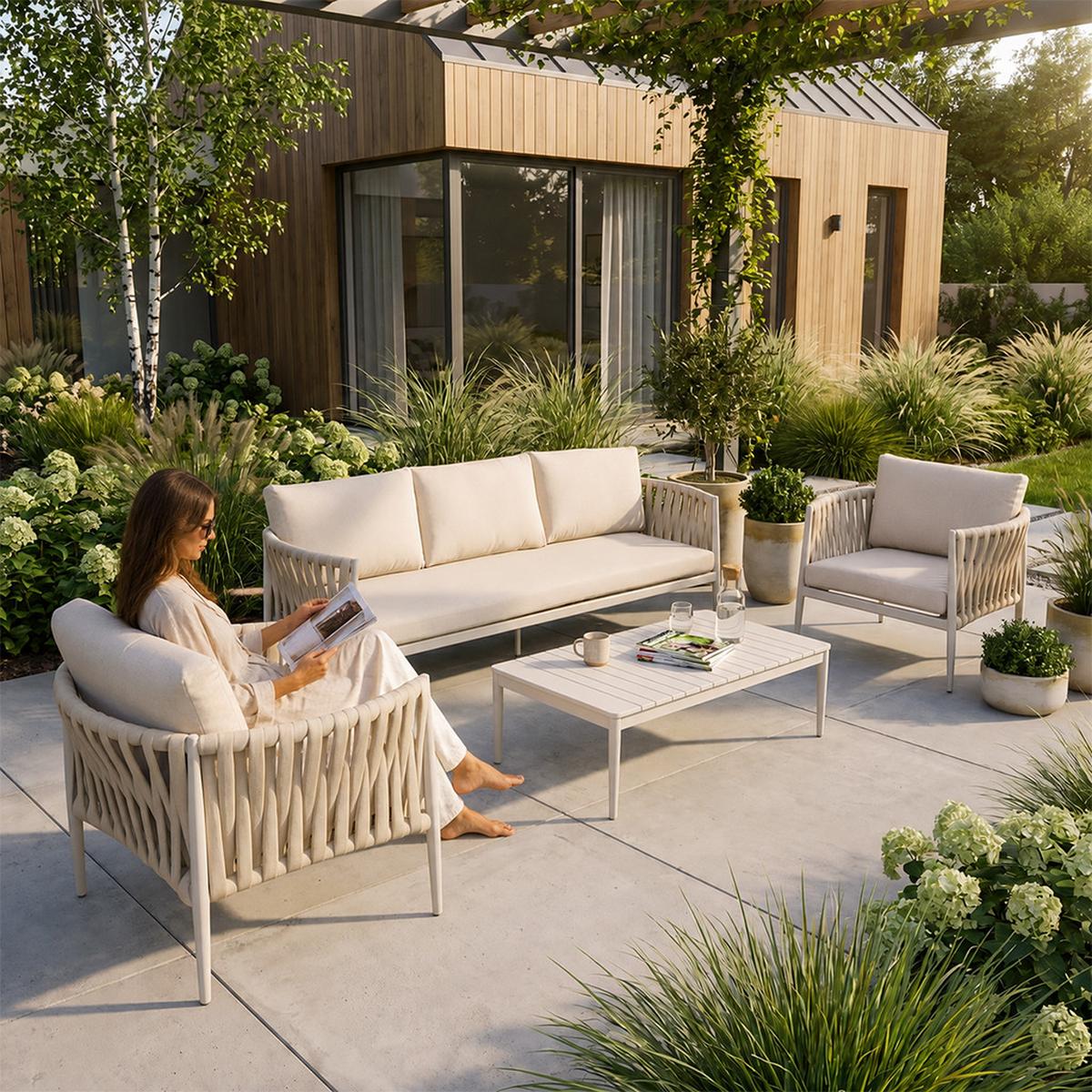 GARTENSET Riviera mit Sofas Sessel und Kaffeetisch, für 5 Personen, Metallbeine, Beige - Beige, Metall - Beautysofa