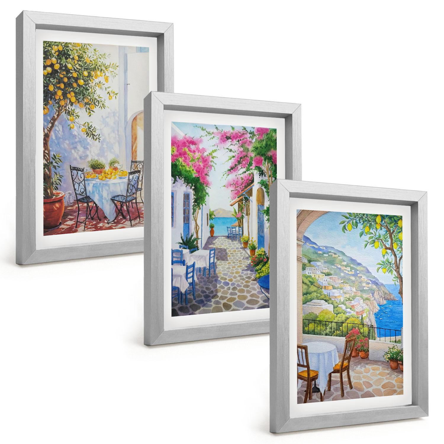 BILDER SET 3er Set - 20x30 cm Silberner Rahmen - Charmante Straßen, Pflanzen, Meer - Silberfarben, Kunststoff (20/30cm) - TULUP