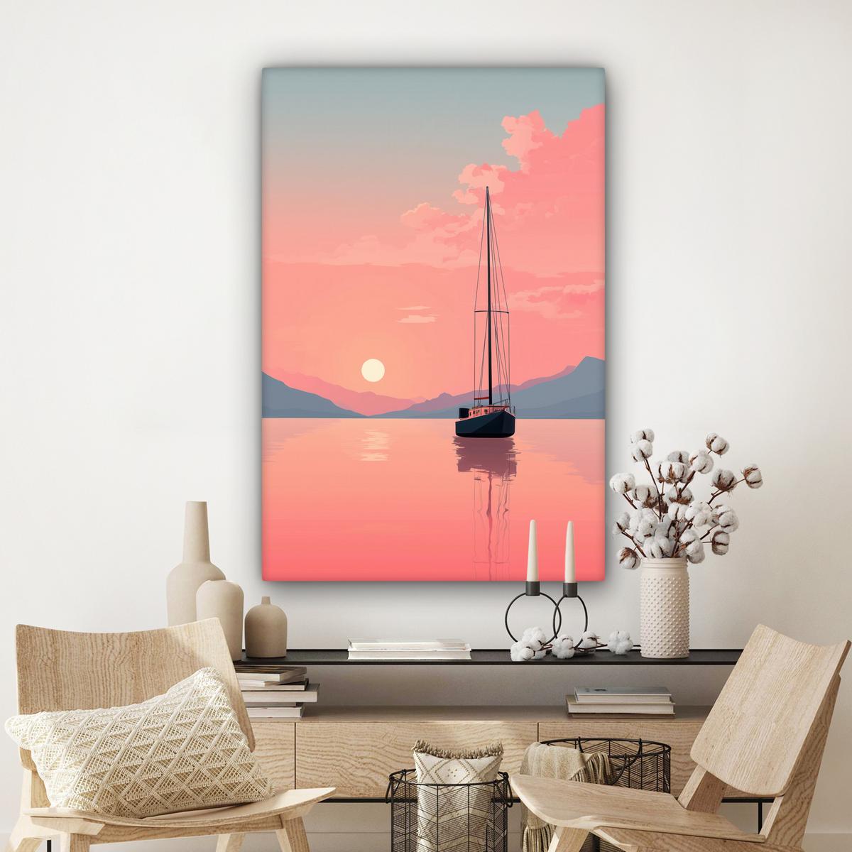 LEINWANDBILD Segelboot - Rosa Meer - Sonnenuntergang - Berge Deko XXL 80x120 cm - Rosa, Textil (80/120cm) - MuchoWow