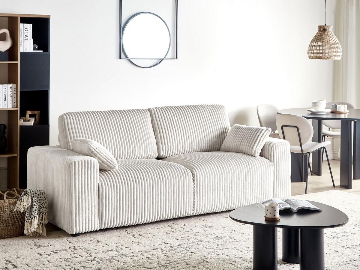 3-SITZER-SOFA Cord Cremeweiß Sandora - Creme, Textil (216/87/98cm) - Beliani