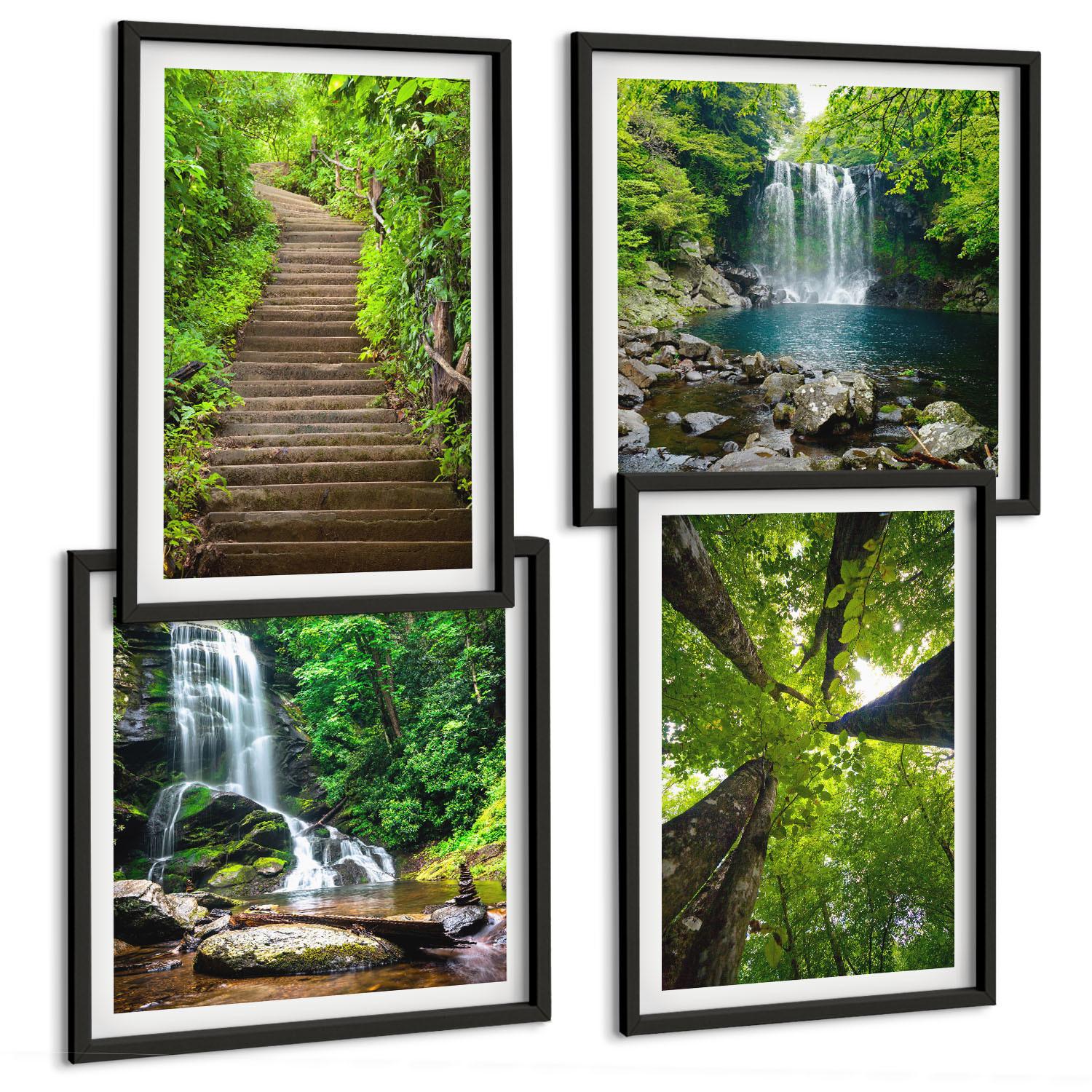 BILDER SET 4er Set - 50x50 cm & 40x60 cm Schwarzer Rahmen - Pfad Wald Wasserfall Vegetation - Schwarz, Kunststoff (50/50cm) - TULUP