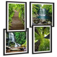 BILDER SET 4er Set - 50x50 cm & 40x60 cm Schwarzer Rahmen - Pfad Wald Wasserfall Vegetation - Schwarz, Kunststoff (50/50cm) - TULUP