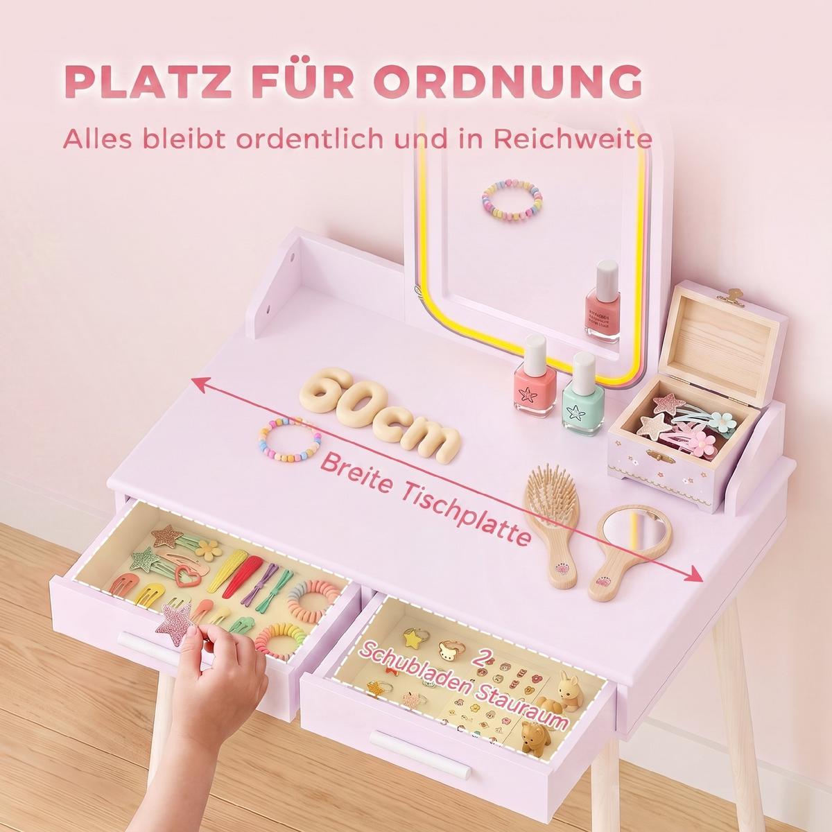 KINDER-SCHMINKTISCH-SET MDF Kiefernholz 2er Set Rosa - Weiß/Rosa, Holz/Holzwerkstoff (36/100/60cm) - AIYAPLAY