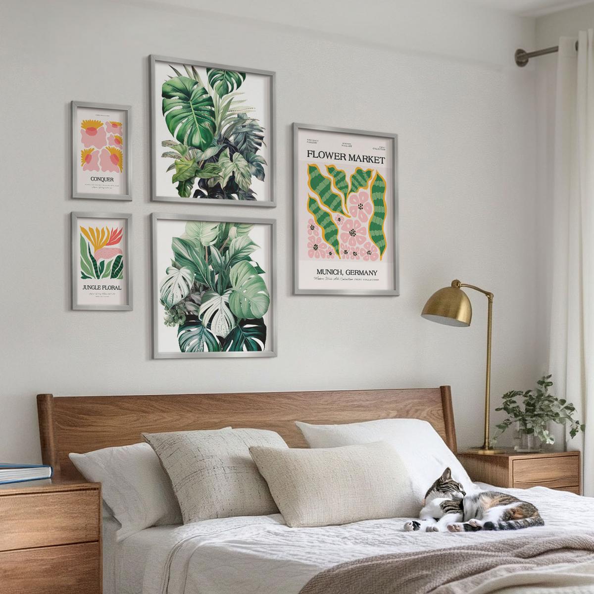 BILDER SET 5er Set - 50x50 cm & 20x30 cm & 40x60 cm Silberner Rahmen - Blumen und Blätter – moderne Poster - Silberfarben, Kunststoff (40/60cm) - TULUP