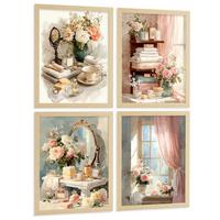 POSTER 4er-Set dekorative Badezimmerdrucke, romantischer Stil, Bilder mit Blumen, Parfums und Schminktisch, elegante, Leichter Holzrahmen A3 - Beige, Papier (42/29.7/3cm) - Nacnic