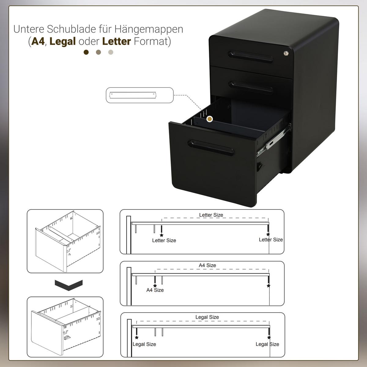 ROLLCONTAINER Aktenschrank mit 3 Schubladen Bürocontainer Stahl Schwarz - Schwarz, Metall (48/59/39cm) - Vinsetto