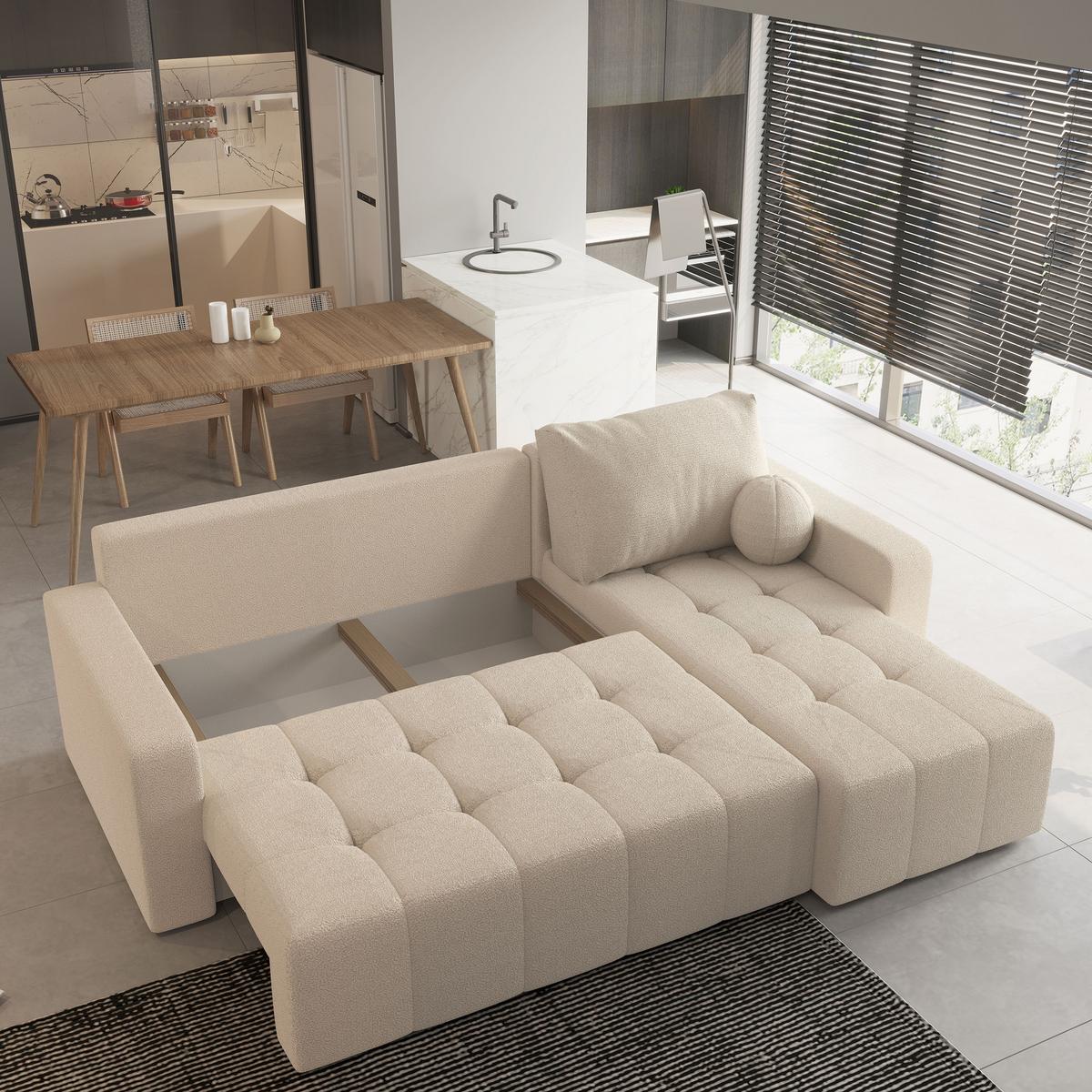 ECKSOFA VOLIRA Creme Boucle-Stoff mit Schlaffunktion - Creme, Holz (230/143cm) - MASSENO