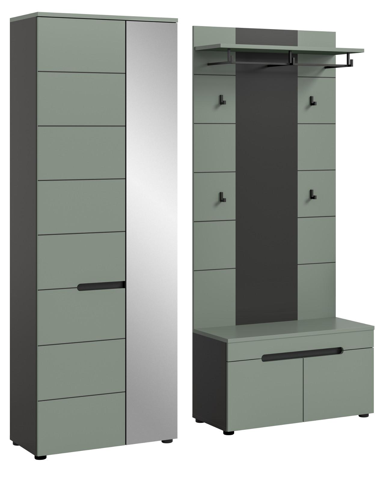 GARDEROBE-SET Salbei Grün und Grau, Garderobe 3-teilig 160 x 190 cm mit Soft-Close - Salbeigrün/Dunkelgrau, Holzwerkstoff/Kunststoff (160/190/37cm) - Inn.Furn