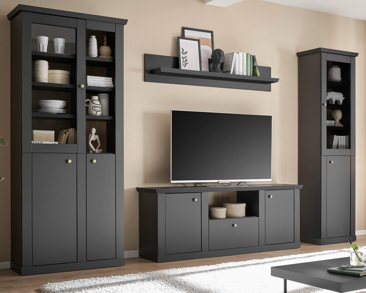 WOHNWAND schwarz matt, Eiche 4-teilig 319 cm, Wohnkombination mit Soft-Close - Eichefarben/Messingfarben, Glas/Holzwerkstoff (319/200/42cm) - Furn.Design