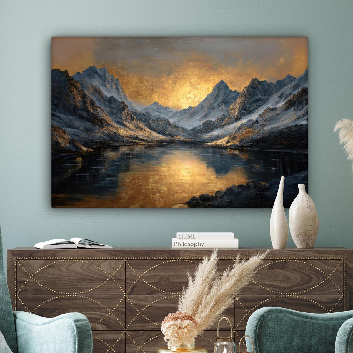 LEINWANDBILD Bergkulisse mit goldenem Sonnenuntergang Wohnzimmer Groß 120x80 cm - Goldfarben, Textil (120/80cm) - MuchoWow