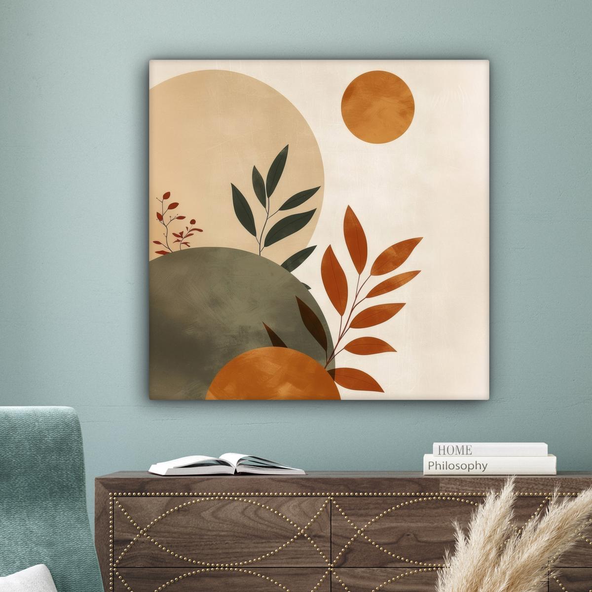 LEINWANDBILD Formen - Rund - Blätter - Beige Deko Groß 90x90 cm - Rostfarben, Textil (90/90cm) - MuchoWow