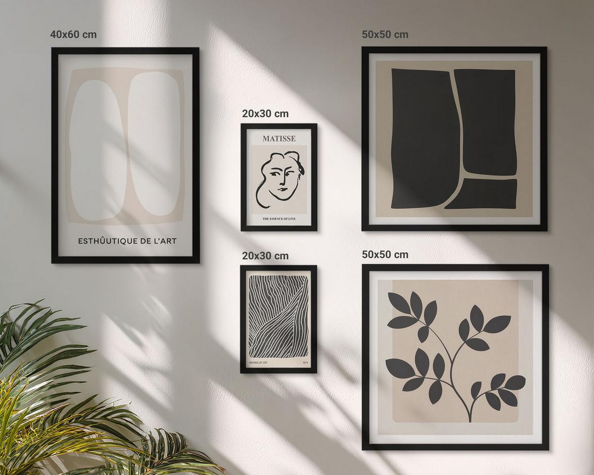 BILDER SET 5er Set - 50x50 cm & 20x30 cm & 40x60 cm Schwarzer Rahmen - Minimalistische Pflanzenmuster - Schwarz, Kunststoff (40/60cm) - TULUP