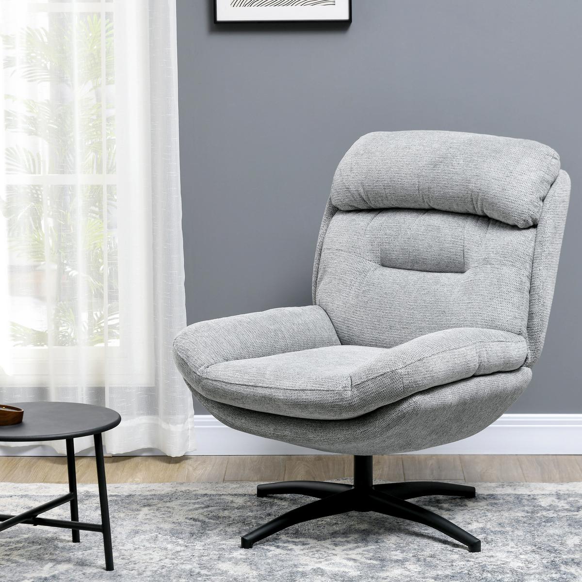 SESSEL Drehbar Loungesessel mit Wasserabweisend Chenille-Optik für Wohnzimmer - Schwarz/Grau, Textil/Metall (91/98/79cm) - HOMCOM