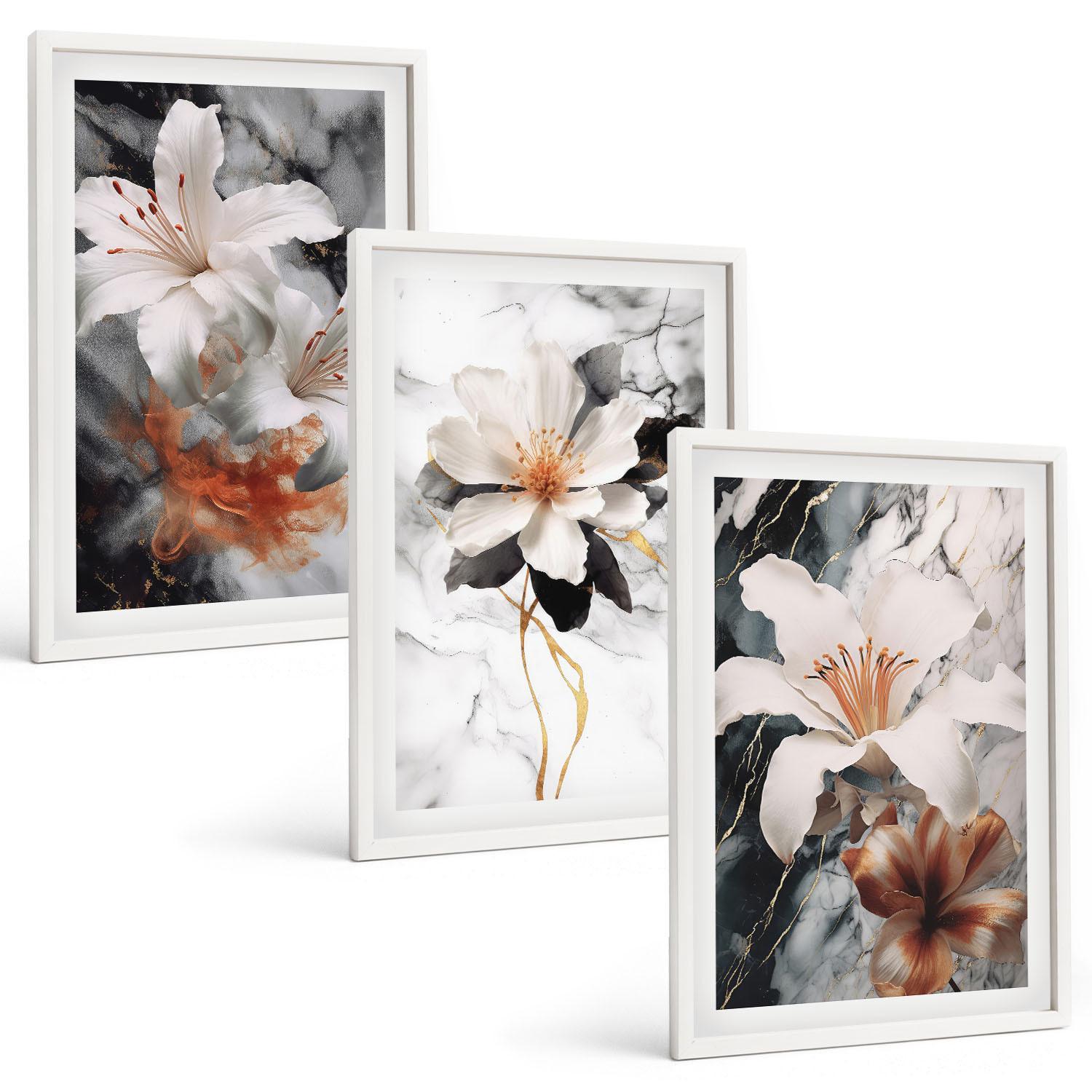 BILDER SET 3er Set - 40x60 cm Weißer Rahmen - Blumen Marmor weiß schwarz - Weiß, Kunststoff (40/60cm) - TULUP