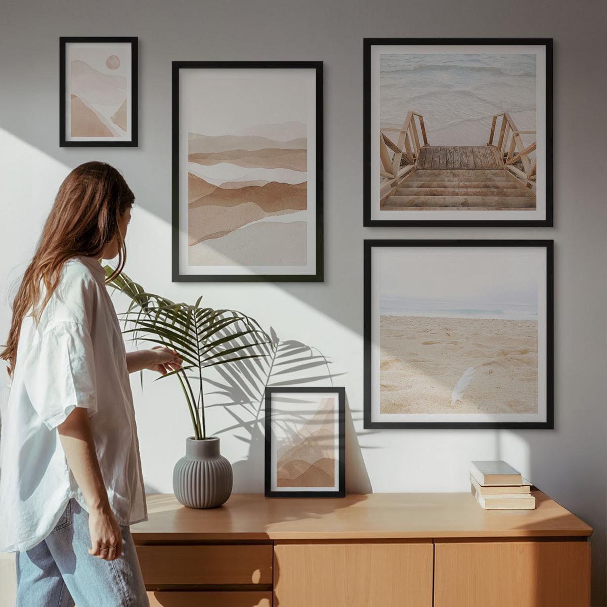 BILDER SET 5er Set - 50x50 cm & 20x30 cm & 40x60 cm Schwarzer Rahmen - Abstrakte braune Landschaften - Schwarz, Kunststoff (40/60cm) - TULUP