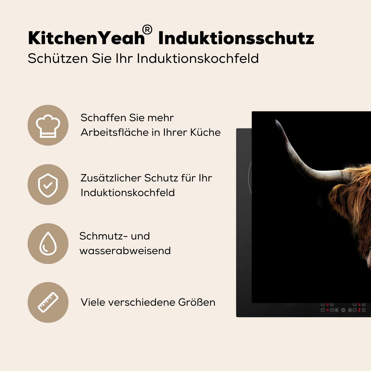 HERDABDECKPLATTE Schottischer Highlander - Hörner - Schwarz - Tiere - Natur - Wild - Kuh Induktionsschutz 80x52.2 cm - Cognac, Kunststoff (80.2/52.2/0.2cm) - MuchoWow