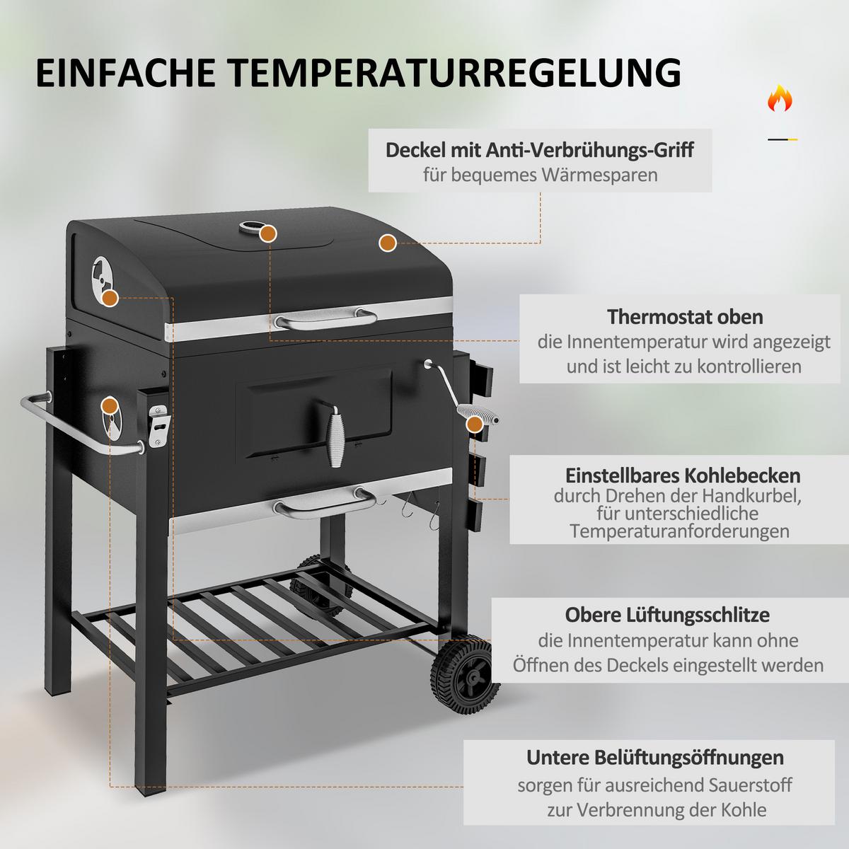 HOLZKOHLEGRILL - Schwarz, Metall (65/108/113cm) - Outsunny
