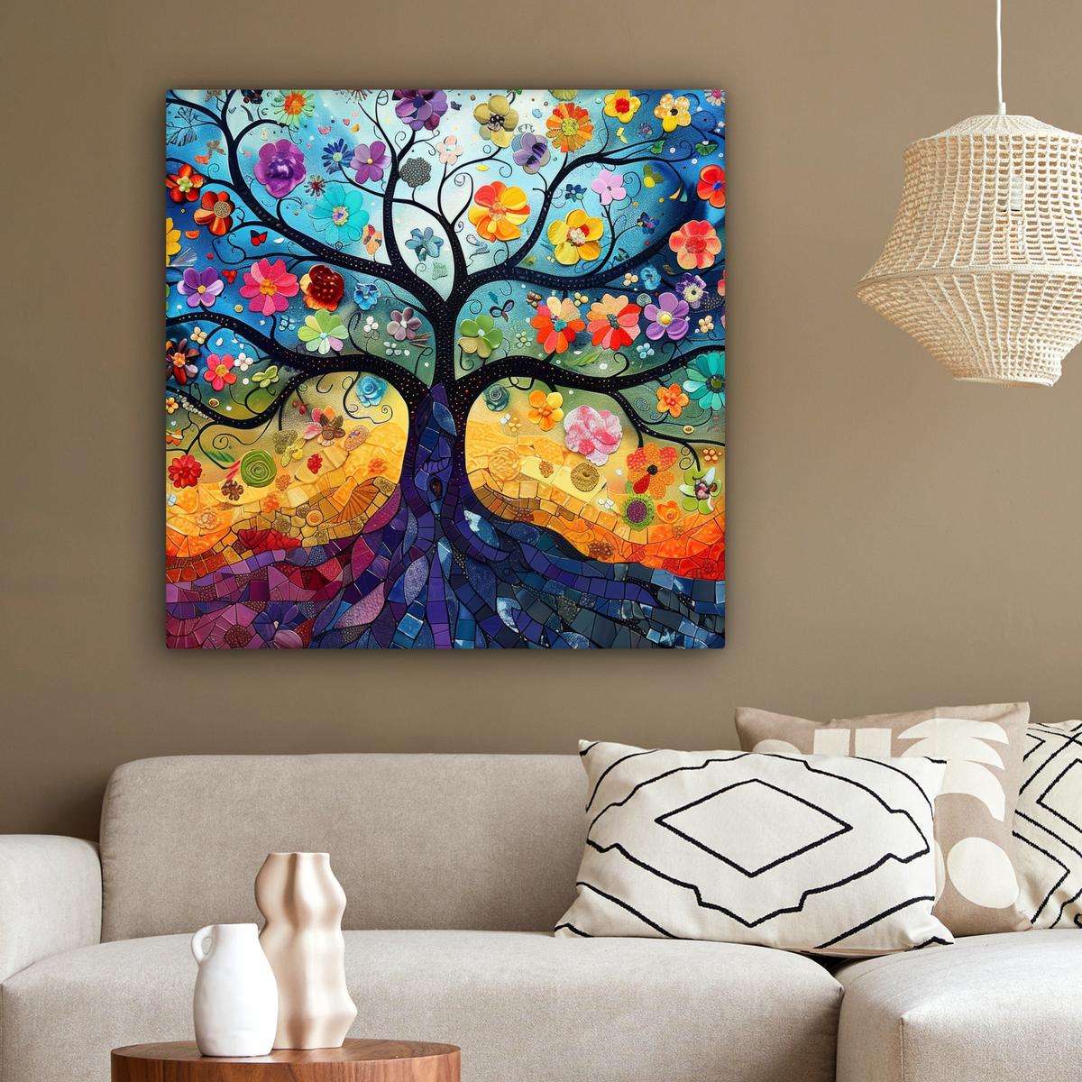 LEINWANDBILD Kunst - Baum des Lebens - Blumen - Hippie Deko Groß 90x90 cm - Dunkelblau, Textil (90/90cm) - MuchoWow