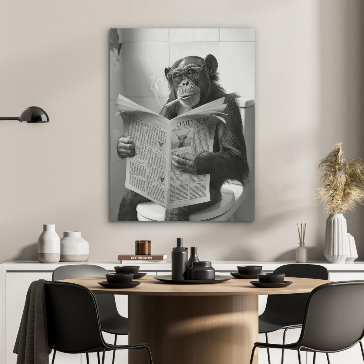 AKUSTIKBILD Affe - WC - Zeitung - Schwarz-Weiß - Humor Wandbilder 60x80 cm - Hellgrau, Kunststoff (60/80/0.9cm) - MuchoWow