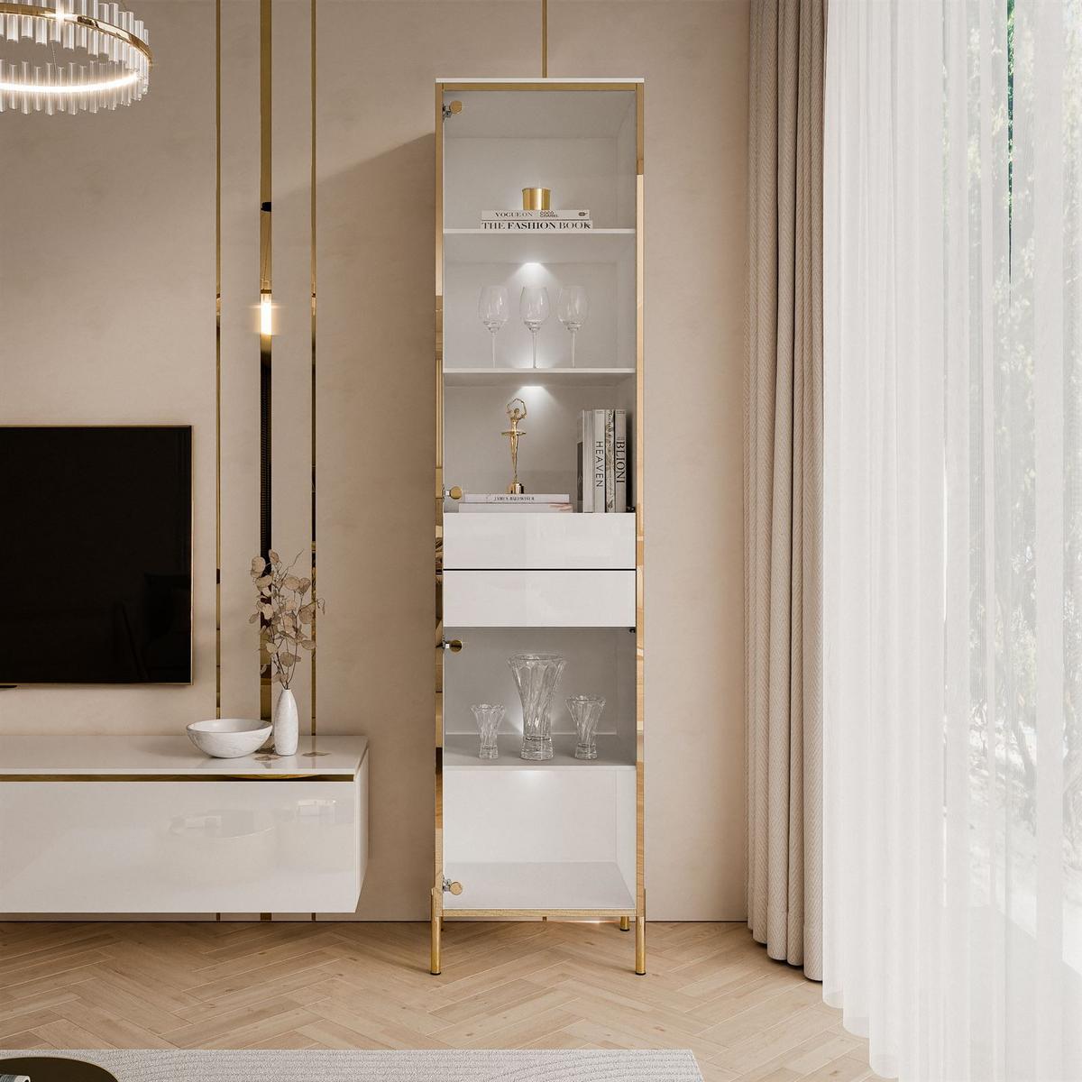 VITRINE AURORA in Weiß hochglanz mit LED-Beleuchtung mit gerade Goldchrom Fuße - Weiß Hochglanz/Goldfarben, Holzwerkstoff/Metall (45/195/40cm) - Lookway