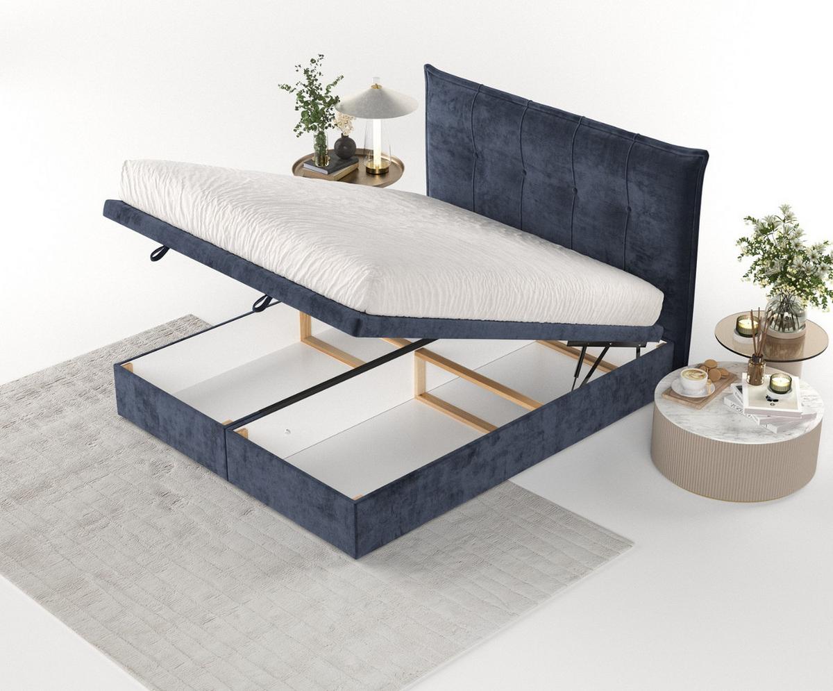 POLSTERBETT Liano mit Stauraum 120/200 cm Marineblau im Lotta Stoff - Schwarz/Dunkelblau, Holz/Holzwerkstoff (120/200cm) - AltaBeds
