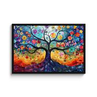 POSTER MIT RAHMENGERAHMTES BILD Kunst - Baum des Lebens - Blumen - Hippie 90x60 cm - Dunkelblau, Papier (90/60cm) - MuchoWow
