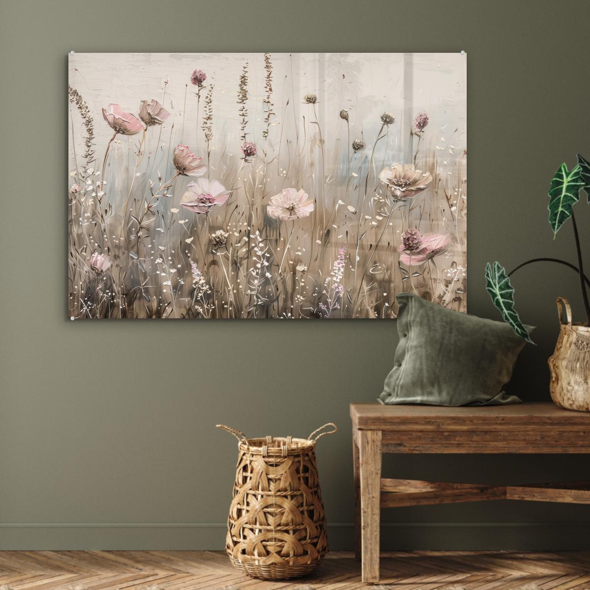 ACRYLGLASBILD Blumen - Rosa - Modern - Beige Room Decor 90x60 cm - Beige, Glas (90/60cm) - MuchoWow