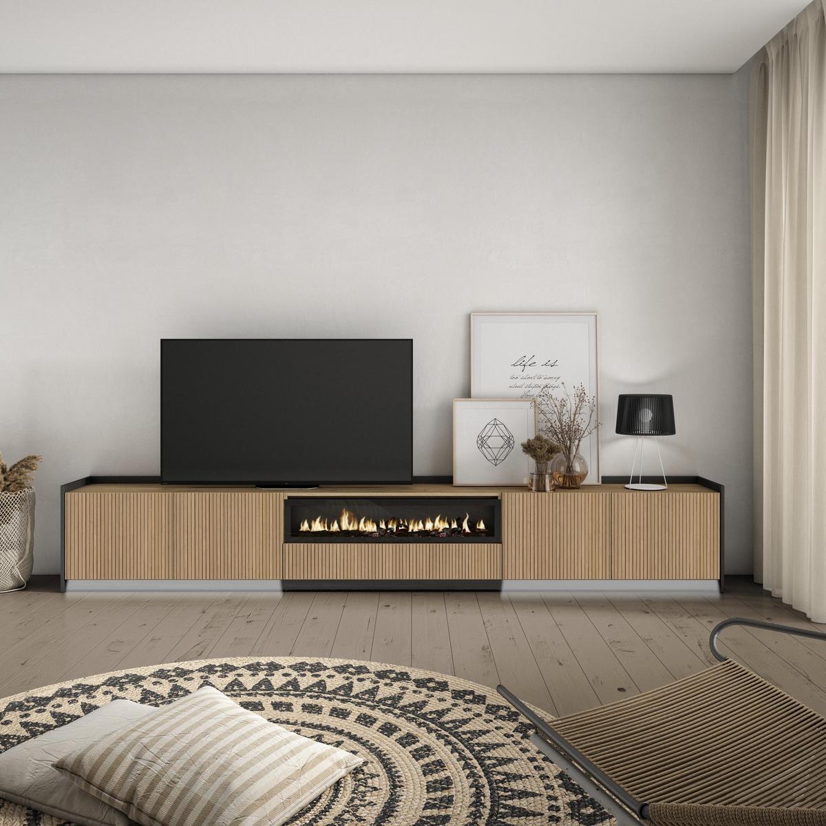 LOWBOARD, Eiche und Schwarz, 310/37/50cm, Elektrokamin, Led - Eichefarben, Holzwerkstoff (310/50/37cm) - Skraut Home