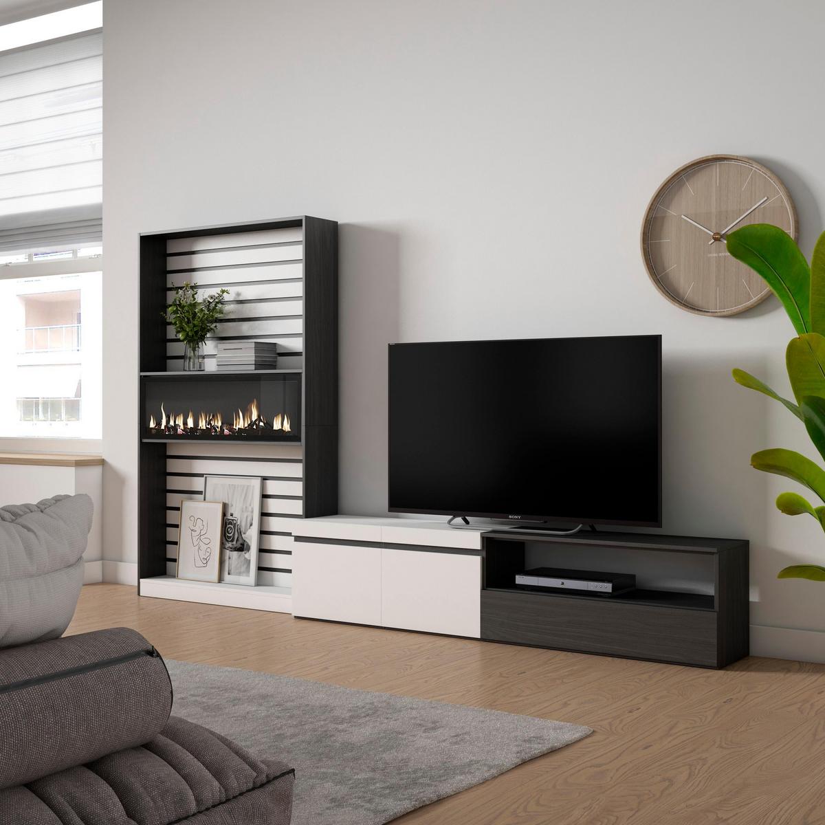 WOHNWAND Wohnzimmer, weiß und schwarz, Elektrokamin,, 310/35/186cm - Schwarz/Weiß, Holzwerkstoff (310/186/35cm) - Skraut Home