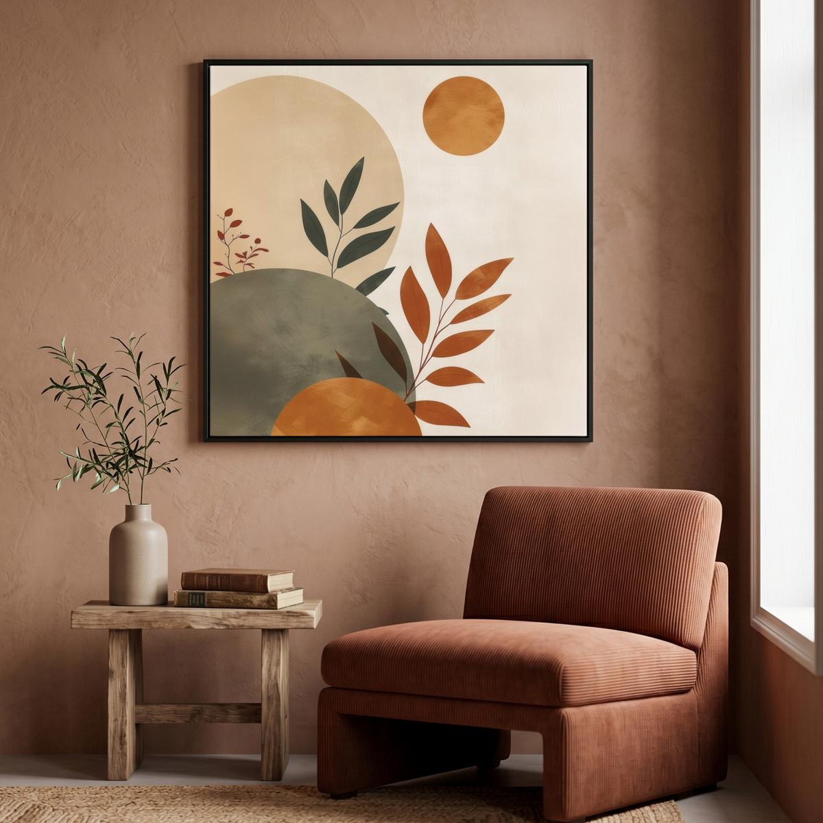 LEINWAND Bilder mit Rahmen - Formen - Rund - Blätter - Beige - 90x90 - Rostfarben, Textil (90/90cm) - MuchoWow