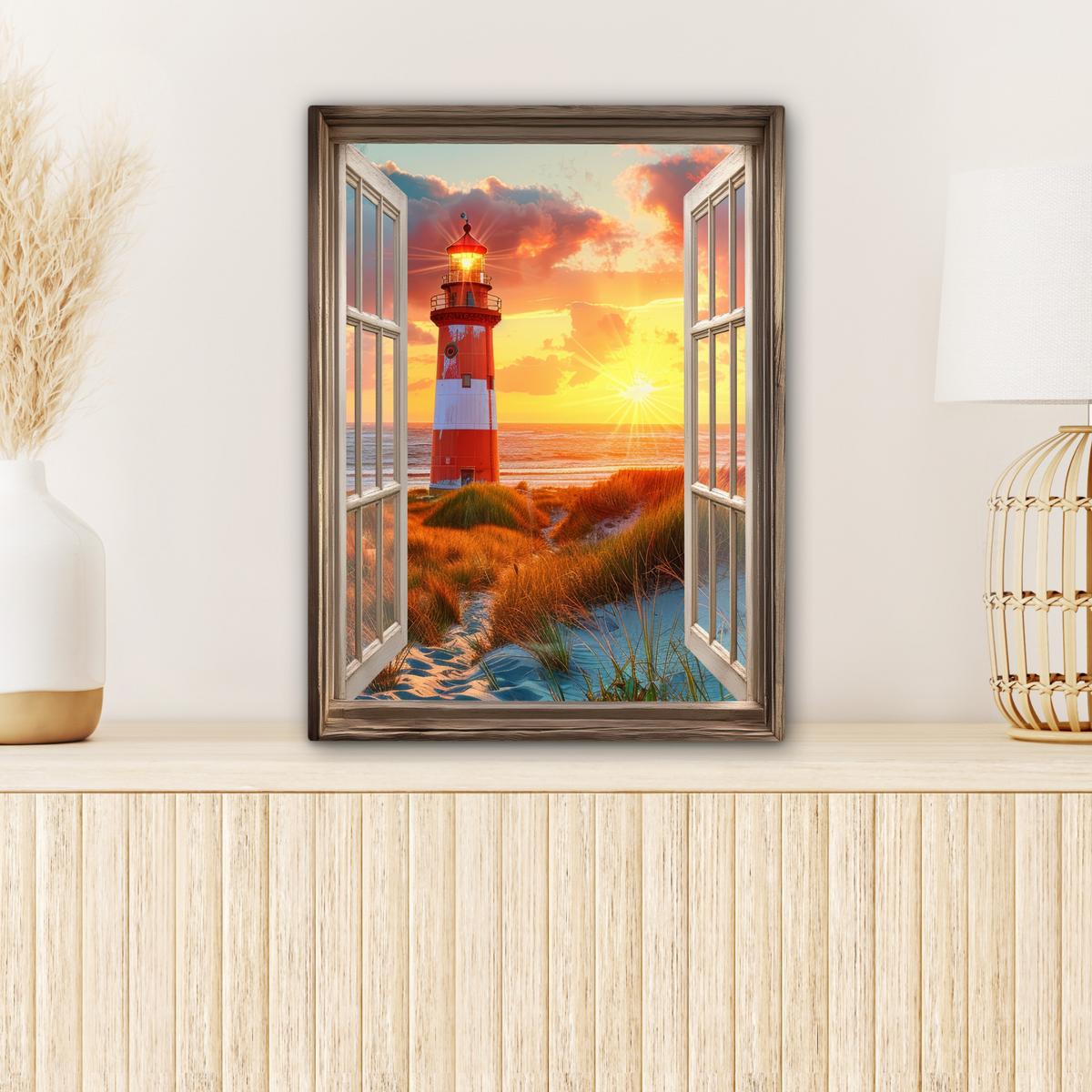 LEINWANDBILD Aussicht - Fenster - Leuchtturm - Sonnenuntergang - Strand Room Decor 30x40 cm - Dunkelorange, Textil (30/40cm) - MuchoWow