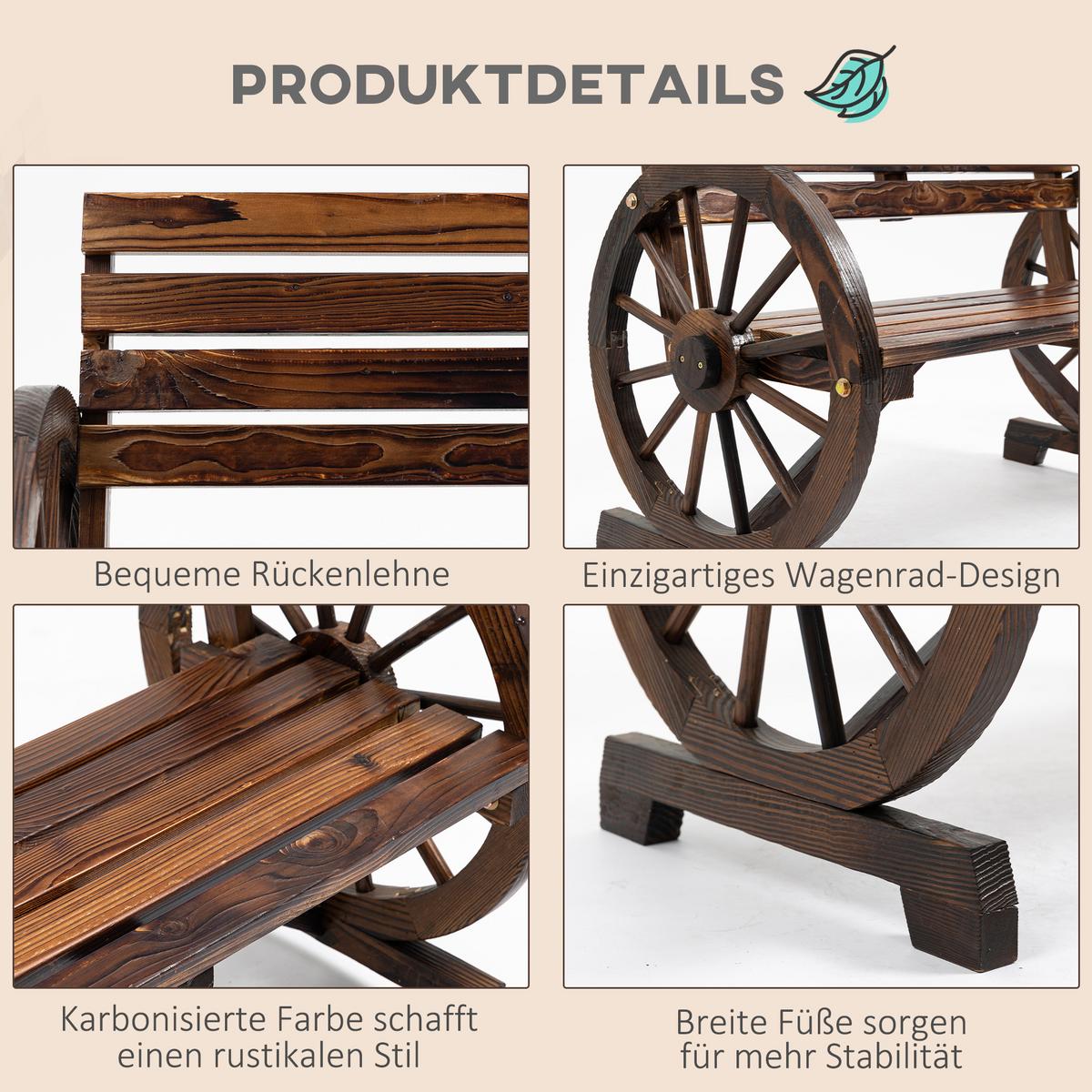2ER-GARTENBANK Sitzbank Wagenrad-Design rustikale Holzbank für 2 Personen - Braun, Holz (56/79/105.5cm) - Outsunny