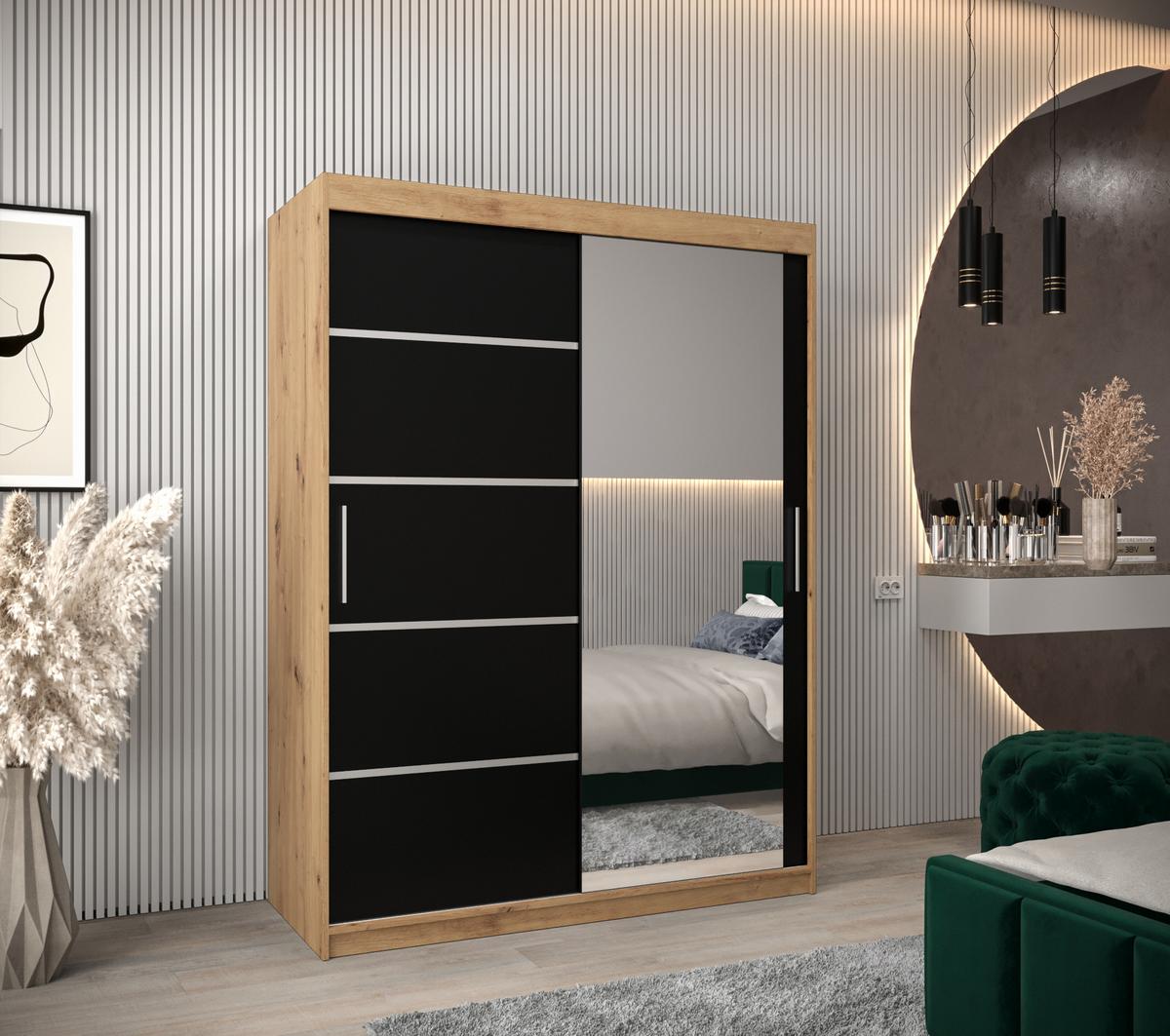 SCHWEBETÜRENSCHRANK 200/150/62 2-türig - Silberfarben/Schwarz, Holz/Kunststoff (150/200/62cm) - MÖBEL KRYSPOL