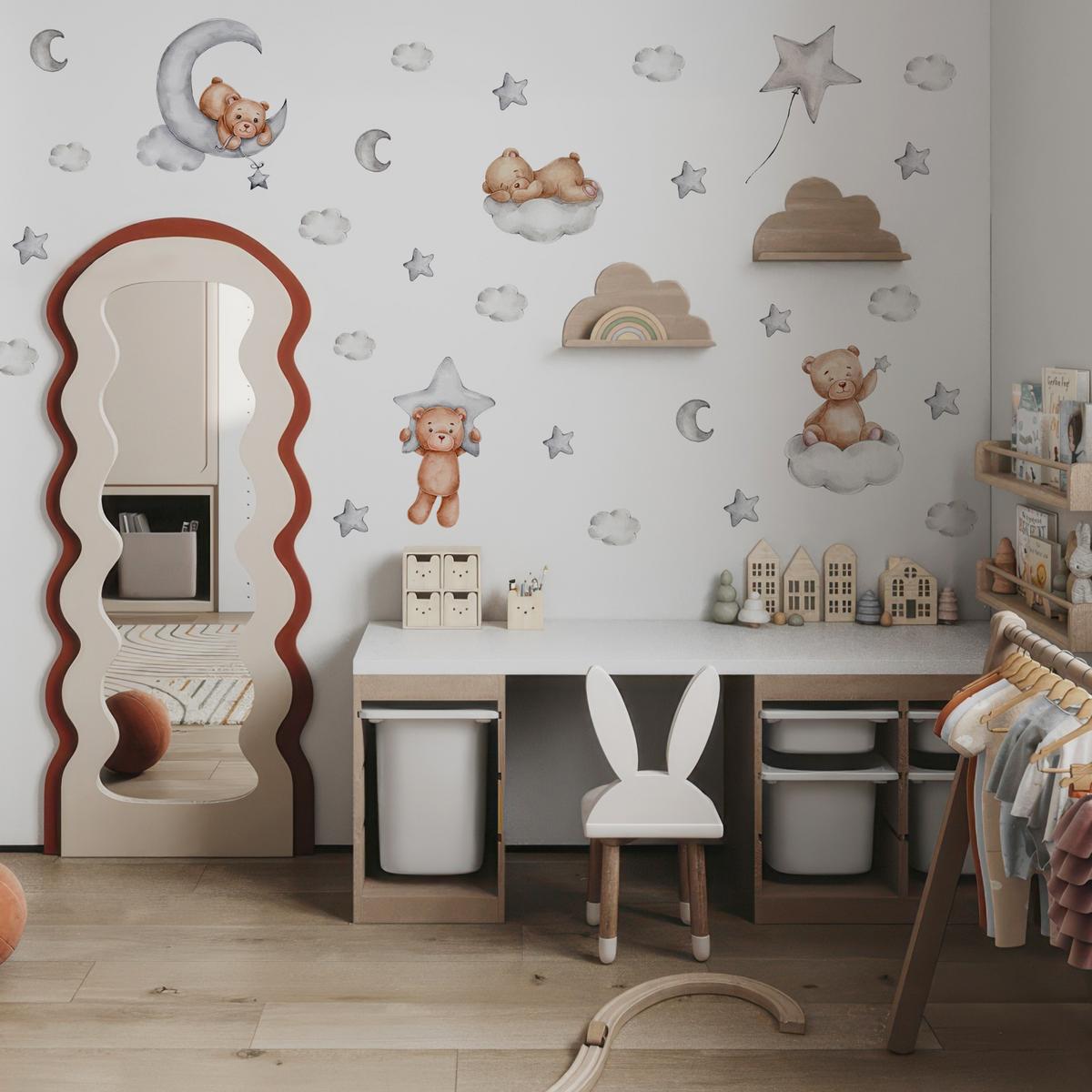 WANDSTICKER SET Teddybären Wolken Sterne Monde 60x30 - Beige/Braun, Papier (60/30/1cm) - Muralo