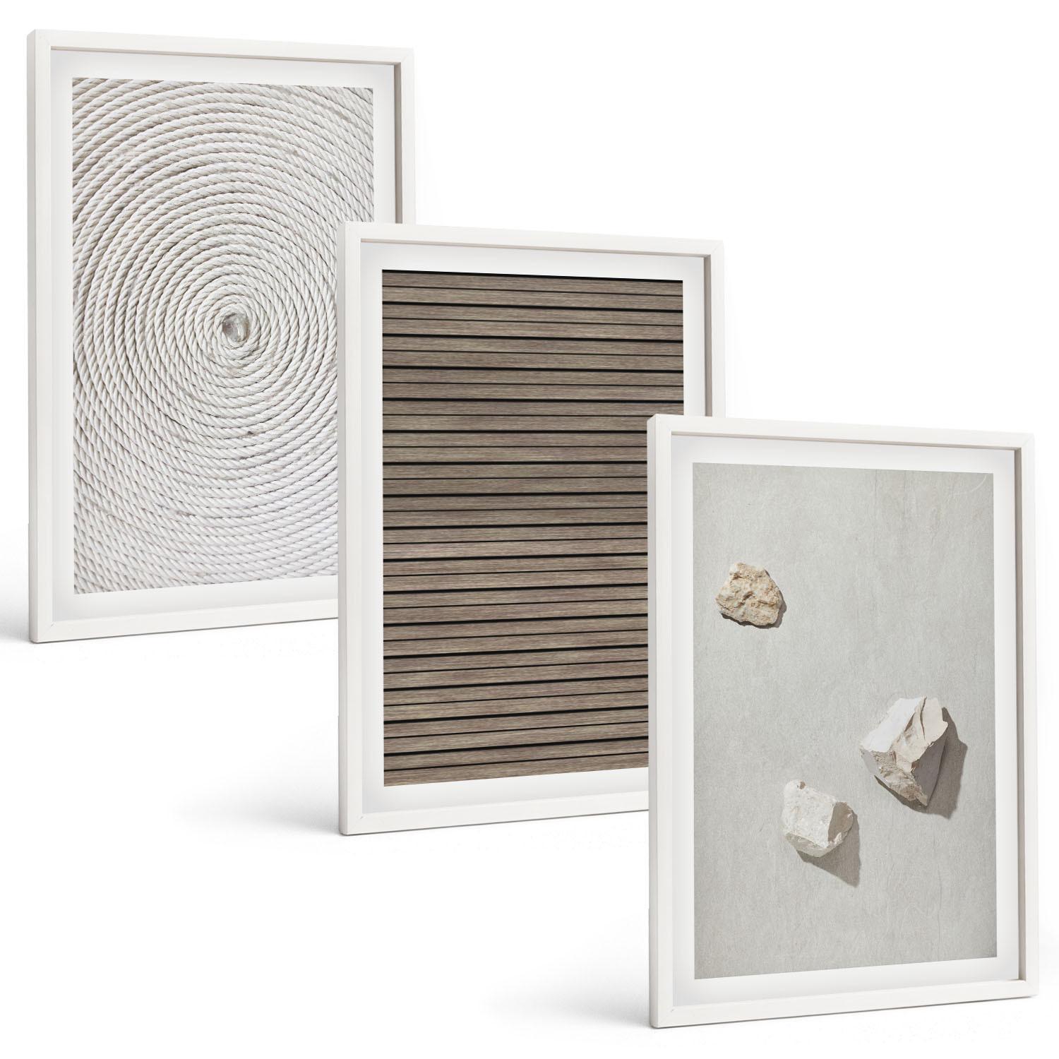 BILDER SET 3er Set - 40x60 cm Weißer Rahmen - Natürliche Texturen Holz Stein - Weiß, Kunststoff (40/60cm) - TULUP