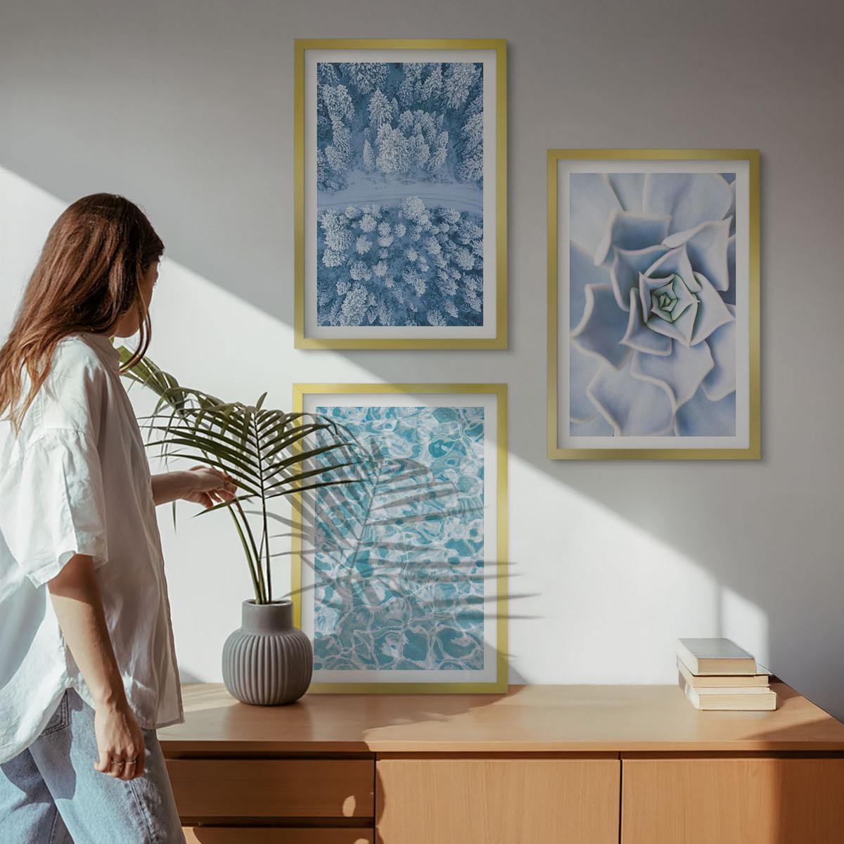 BILDER SET 3er Set - 40x60 cm Goldrahmen - Winterwald blaue Blume Wasser - Goldfarben, Kunststoff (40/60cm) - TULUP