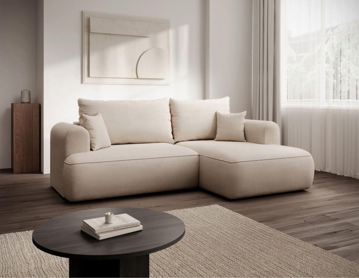 ECKSCHLAFSOFA Ovo Mini Creme Easy-Clean-Chenille-Bezug - Creme/Schwarz, Kunststoff/Textil (156/238cm) - Selsey