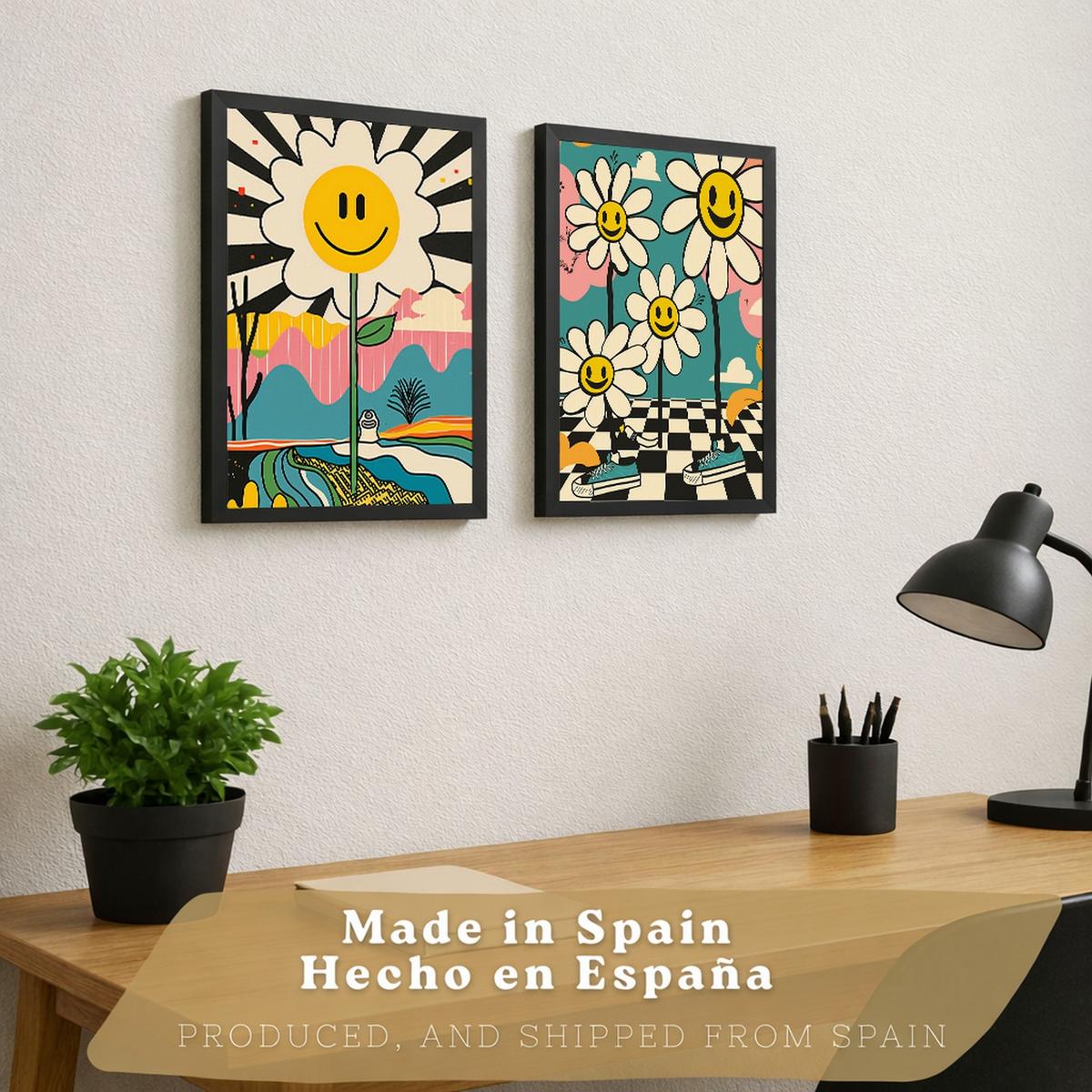 POSTER 4er Kunstdruck-Set Wandbilder Smiley Blume modern Wohnzimmer Deko, Schlafzimmer, Küche, Badezimmer Schwarzer Rahmen A3 - Schwarz, Papier (29.7/1/42cm) - Nacnic