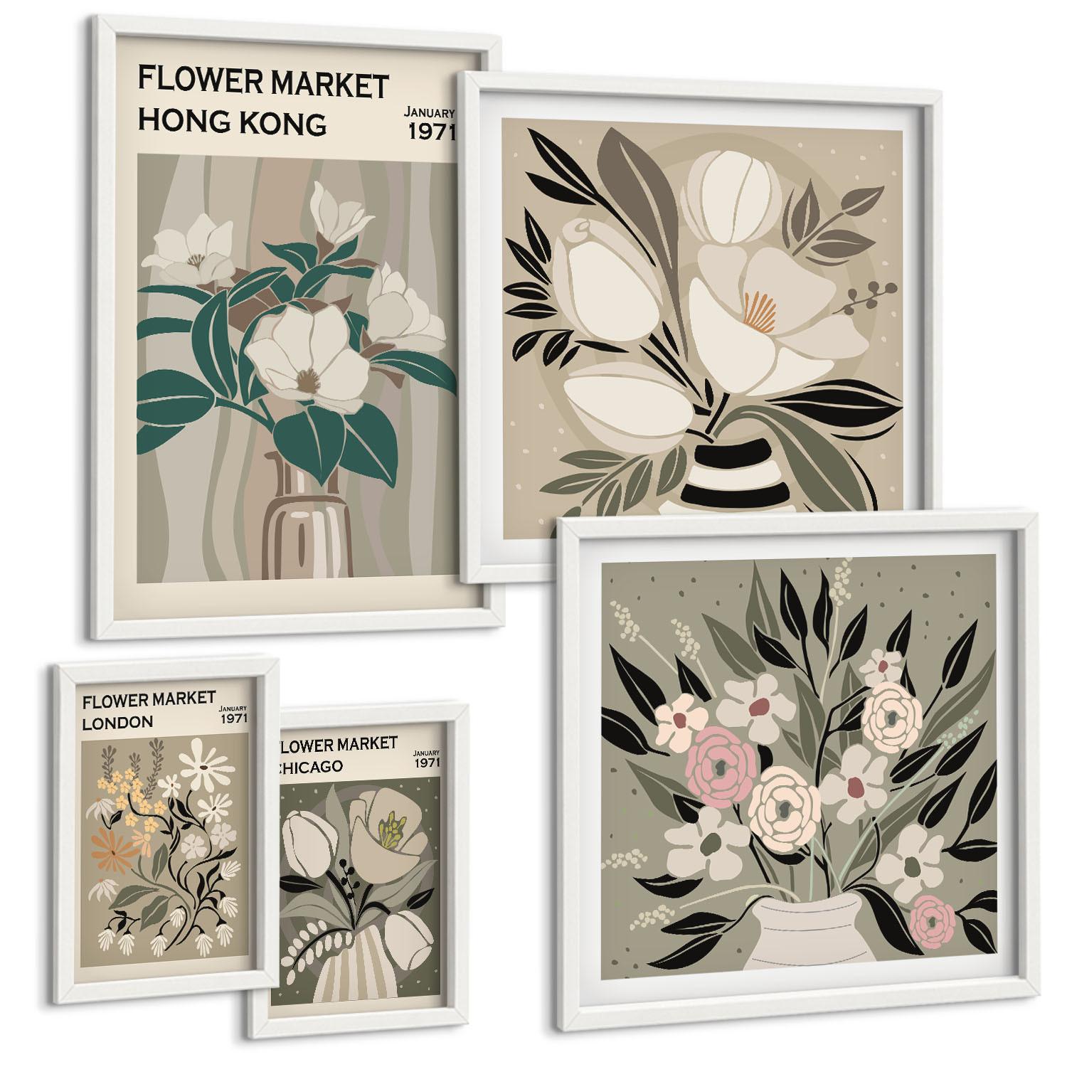 BILDER SET 5er Set - 50x50 cm & 20x30 cm & 40x60 cm Weißer Rahmen - Blumenillustrationen London Hongkong - Weiß, Kunststoff (40/60cm) - TULUP