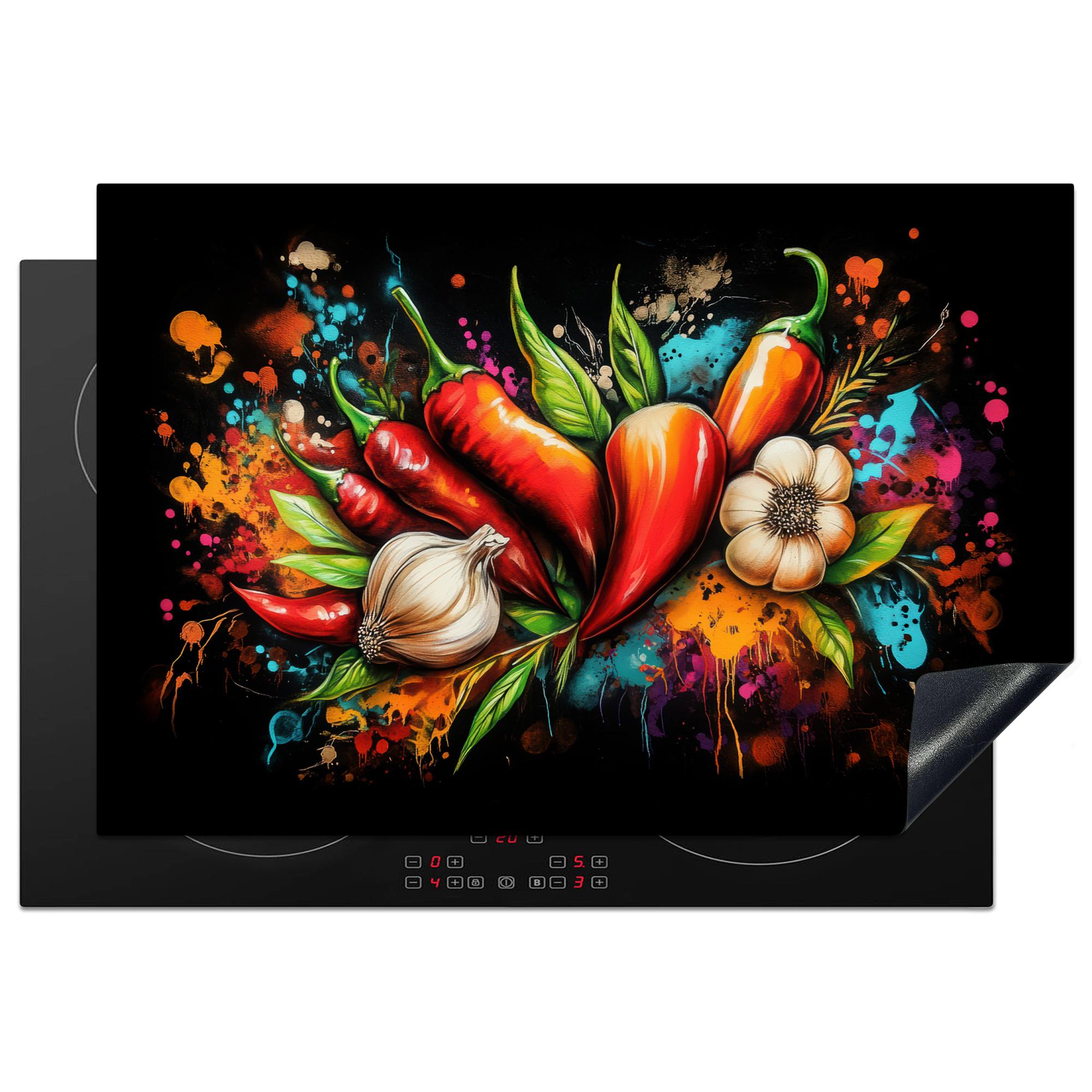 HERDABDECKPLATTE Gemüse - Paprika - Knoblauch - Graffiti - Farbe - Bunt Induktionsmatte 77x51 cm - Rot, Kunststoff (77/51/0.2cm) - MuchoWow