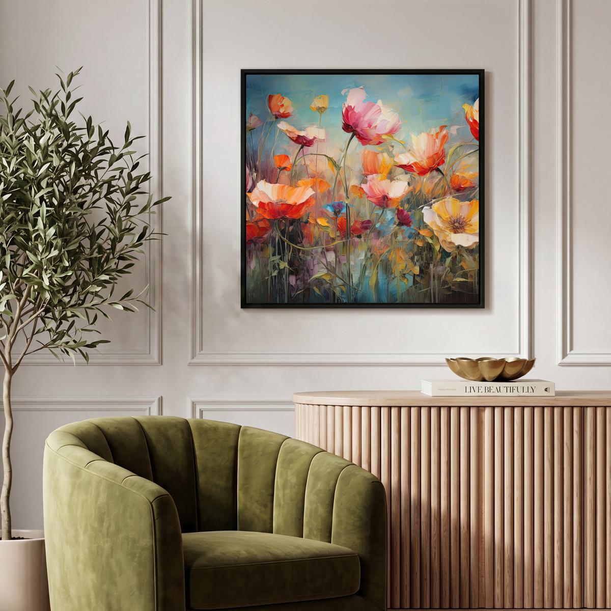 LEINWAND Bilder mit Rahmen - Blumen - Aquarell - Kunst - Botanisch - Natur - 50x50 - Orange, Textil (50/50cm) - MuchoWow