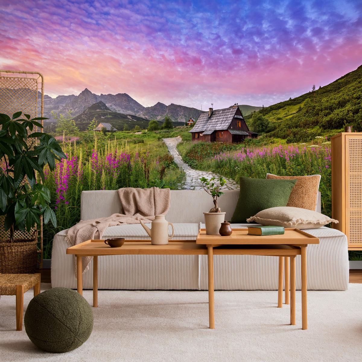 FOTOTAPETE für Schlafzimmer Berglandschaft Holzchalet Natur 500x350 - Beige/Violett, Papier (500/350cm) - Muralo