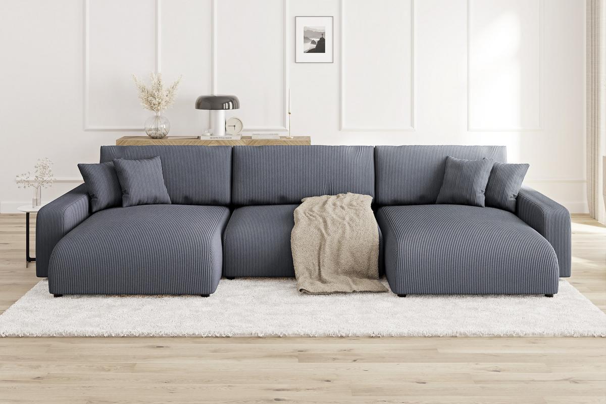 WOHNLANDSCHAFT Emma Grau Cord - Schwarz/Grau, Holz/Kunststoff (332/78/170cm) - S-Style Möbel